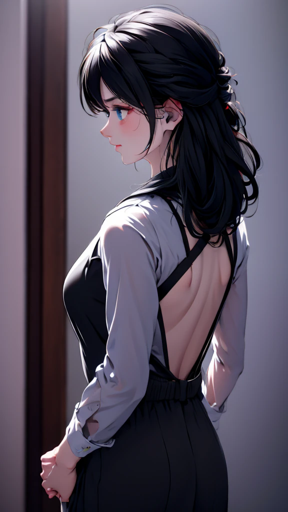 1 Girl, medium light black hair, light blue eyes , wearing black Suit 4D , night TOWN , high res, ultrasharp, 8K, masterpiece, looking from behind