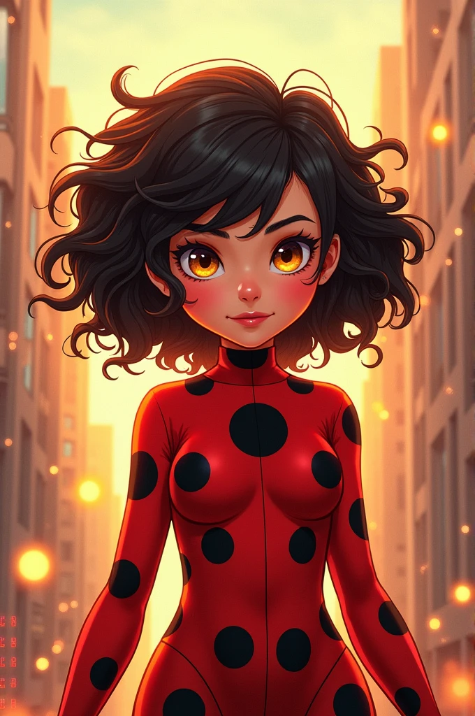 Curly hair girl with honey eyes in miraculous lady bug