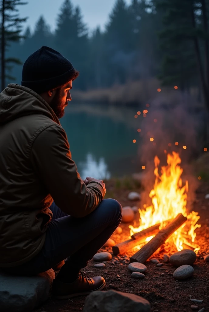 man seating front of campfire, with face