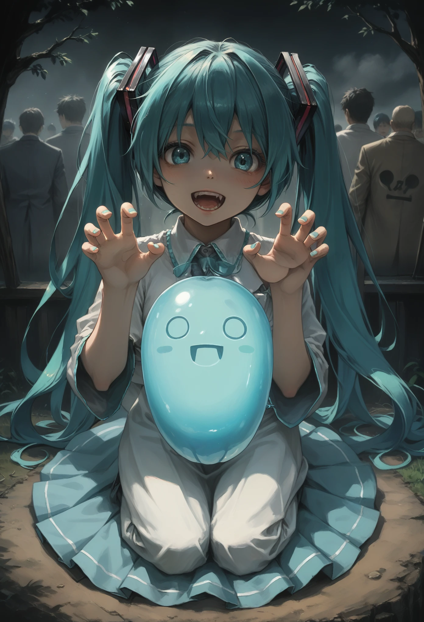 Close-up of a man, holding a ball in front of a grave, Mikudayo, hatsune Miku, portrait of hatsune Miku, pixiv contest winner, Miku, Anime girl with turquoise hair, pixiv, vocaloid, anime art wallpaper 8k, hatsune Miku portrait, trending on artstation pixiv, anime Mo artstyle