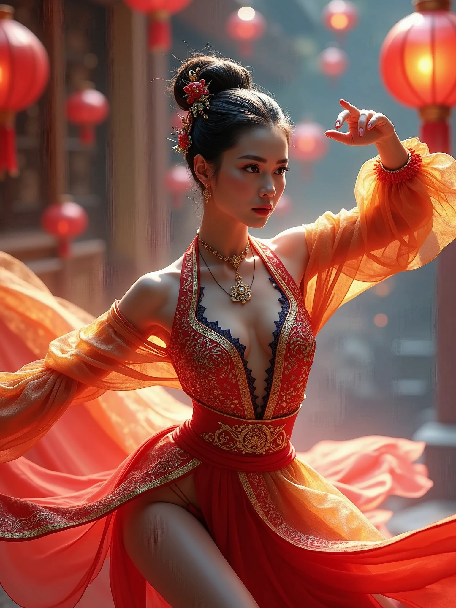 a martial arts fighter in a colorful outfit, wearing a fancy dress, dancing at a , elegant movement, beautiful detailed eyes, beautiful detailed lips, extremely detailed face, long eyelashes, detailed jewelry, glowing skin, intricate decorations, festive lighting, (best quality,4k,8k,highres,masterpiece:1.2),ultra-detailed,(realistic,photorealistic,photo-realistic:1.37),vibrant colors,dynamic pose,dramatic lighting,portrait