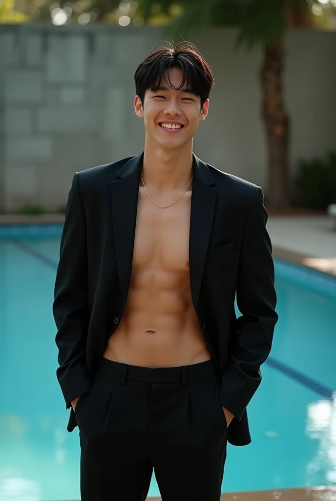 Asian man,27years,hot frat guy wearing a suit, open shirt, black suit jacket, black suit pants, showing off his body, defined abs and defined pecs, smirking,  ultra realistic, shot with cinematic camera, high quality photography, 3 point lighting, flash with softbox, 4k, Canon EOS R3, hdr, smooth, sharp focus, high resolution, award winning photo, 80mm, f2.8, bokeh, masterpiece realistic, best high quality,Real-life Photorealism, Raw Portrait Photography , swimming in the pool , There are abs,  , Differential crushing cap, rough breath, Black hair, Messy hair, modern, Eye level shots, hyper HD, Masterpiece, curate, This photorealistic portrait combines the style of National Geographic., Capture every detail of his textured skin in 8k resolution. Leica digital SLR. (8K UHD、RAW Photography、Photorealistic Portrait Leica Digital SLR、Lifelike images)