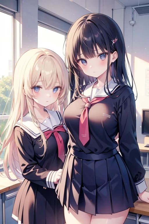 High quality, anime, whole body, two girls (a serious girl and an unserious girl), Japanese, cute, narrow space between the eyes, big eyes, small nose, big breasts, slender, school uniform, classroom , couple, play, skinship,