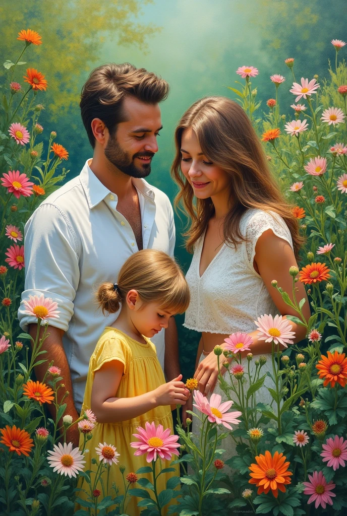 A painting,The painting shows a man wearing a white shirt and green leaves, Woman in flowers, Girl in the flowers, Inspired by Lois Dodd,