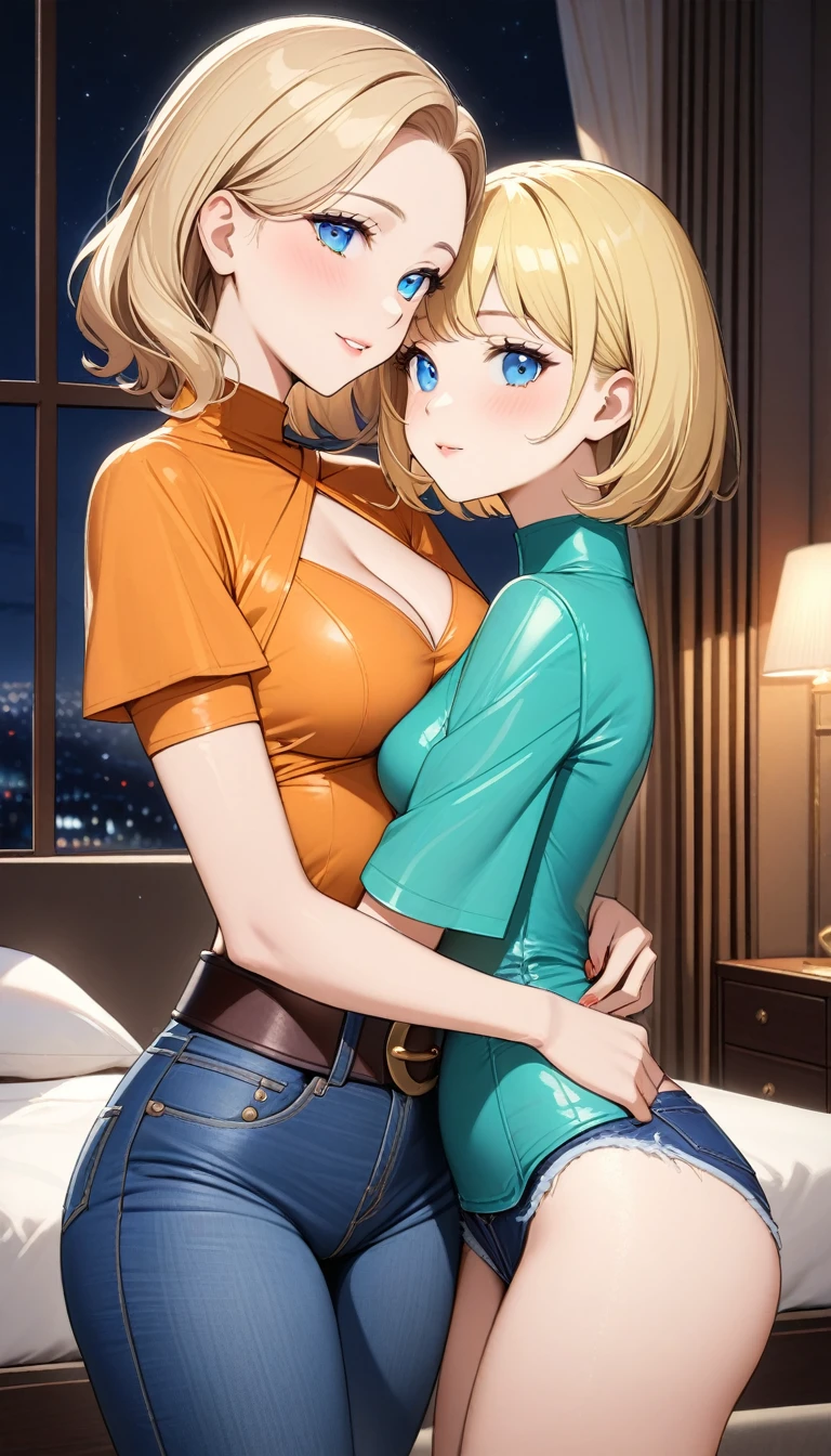 Two beautiful ladies ((lady 1: 35y old mom, with short straight blonde hair, lady 1 with blue eyes and caucasian skin, lady 1 wearing Tight Jeans and Leather Belt, lady 1 Sexy Criss Cross Mock Neck Short Sleeves Orange Blouse)), ((lady 2: 13y old daughter, with short straight blonde hair, lady 2 with blue eyes and caucasian skin, lady 2 wearing Tight Jean Shorts and Leather Belt, lady 2 Sexy Criss Cross Mock Neck Short Sleeves Green Blouse)), luxurious jewelry, 18k gold wedding ring on left hand, standing in their bedroom at night, hugging and kissing each other, (light brown lipstick), (elegant mascara), (slim body), (small breasts), (wide hips), endjourney, <lora:GoodHands-, <lora:GoodLegs-, UHD, high resolution, (expressive eyes, perfect face, full body, expressive face, perfect body, perfect pussy, athletic, fit, slim body, blushing, Perfect makeup, eyeliner, beautiful eyelashes, smiling, horny face), ((best illumination, best shadows)), ((sexy pose)), ((Front pov:1.1))