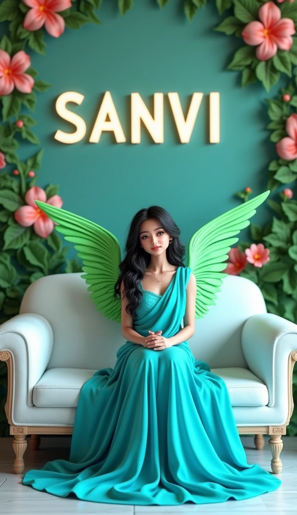 Create 3D picture of a beautiful girl sitting on the white sofa set chair, the is wearing a neon blue saree, background wall decorate in flower and leaves and written on capital Big font white colour "SANVI" and wing are green colour look like angel