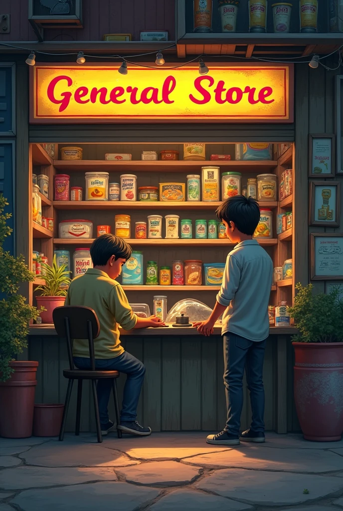 A boy 17 year old is setting in his shop with Faisal khan on chair and the shop name is najib general store
