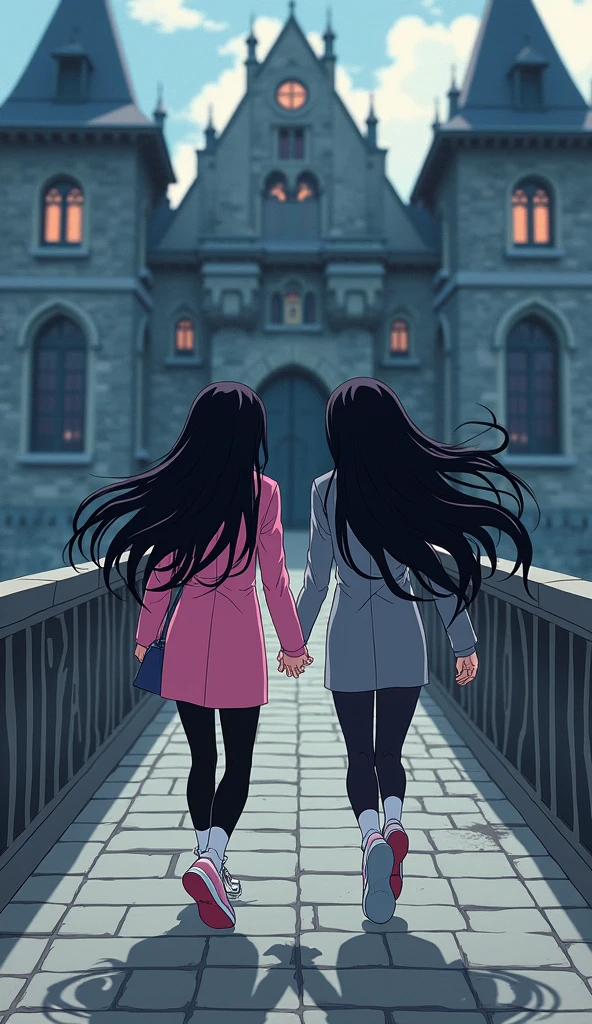 Two girls long black hairs, yuri,(The first girl wear a pink suit, black shirt, pink pencil skirt, black underpants, black tights, white socks, pink sneakers) and (The second girl wore a grey suit, black shirt, grey pencil skirt, black underpants, black tights, white socks, white sneakers), running on the long bridge, entry of vampire castle, novel cartoon, 4K, HD