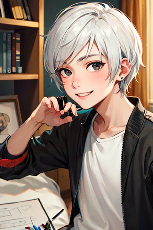 ((masterpiece)), (((best quality))), chromatic lighting,
colorized, white + black limited color palette,
detailed concept drawing, no weird object on his face, street fashion,
in a bedroom, portrait, 20yo 1guy, slender, short white hair, black eyes, smiling