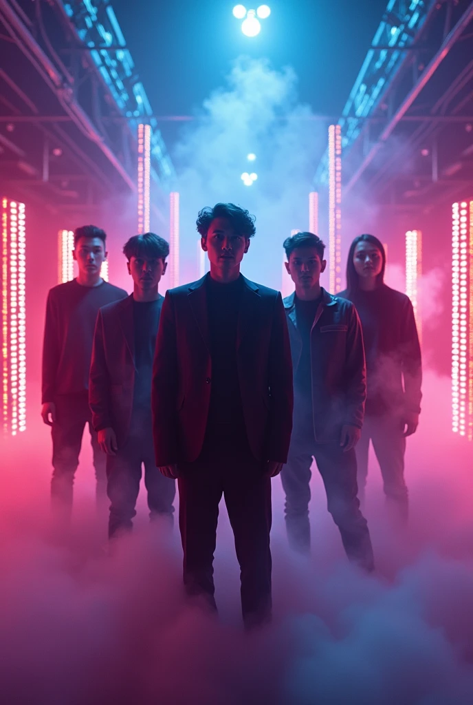 A music video cover with led lights and smoke underneath with the name legen-lyric