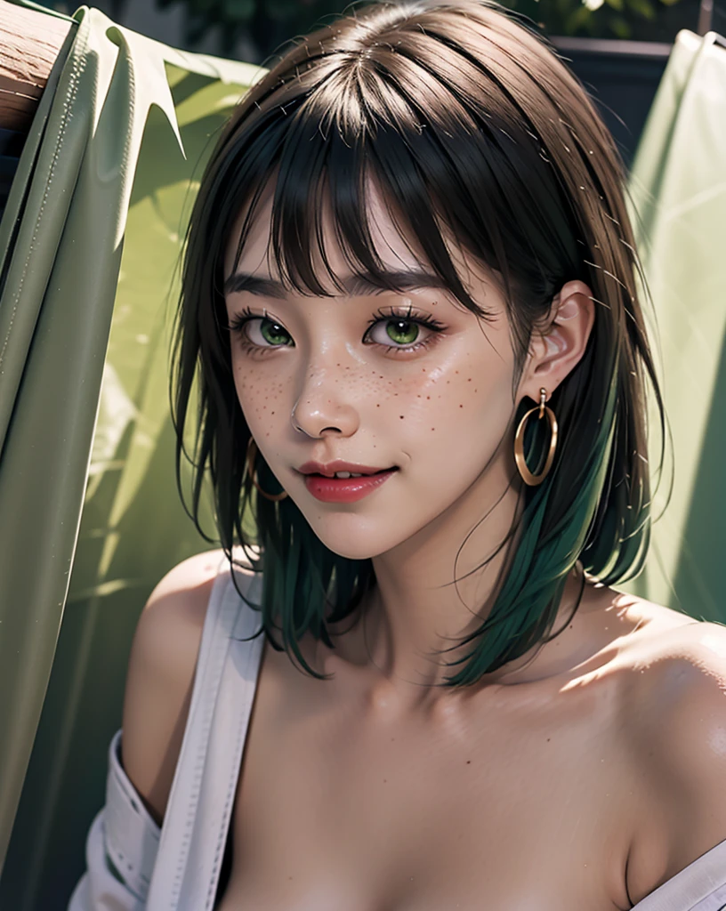 1 Girl, 19 years old, south korean, 4k, masterpiece, realistic, long whavy black hair with bangs, green fade hair, shining green pupils, shining red lips, freckles, red eyeliners, big boobs, golden hoop earings, naked, covered by a purple blanket, freckles, big smug smile, closed mouth, downblouse, bright colors, blurry background, face focus, birds eye view.