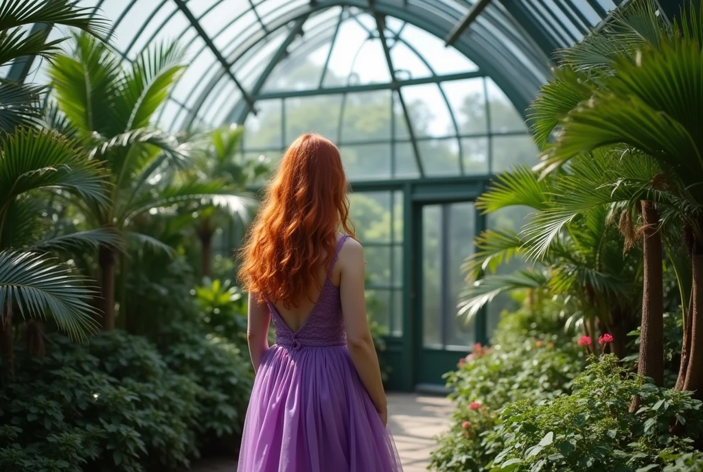 A red-haired woman of 40 is walking in a purple closed dress in a magical florarium in a greenhouse under a glass round dome passes through the leaves of paportniki and palm trees 