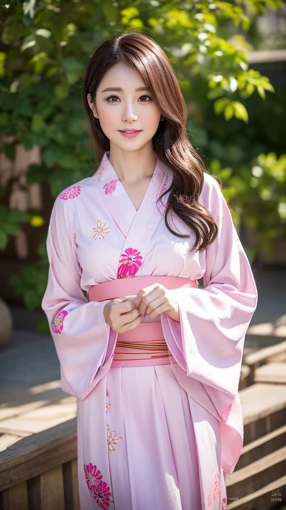 a mature beautiful Japanese woman, 39-year old, shy, little chubby body shape, (wearing pink flower pattern common Japanese Yukata with obi:1.25), portrait, masterpiece, best quality, High resolution, plum lips), tie dark brown hair, 8k, traditional Japanese hous,e outside,