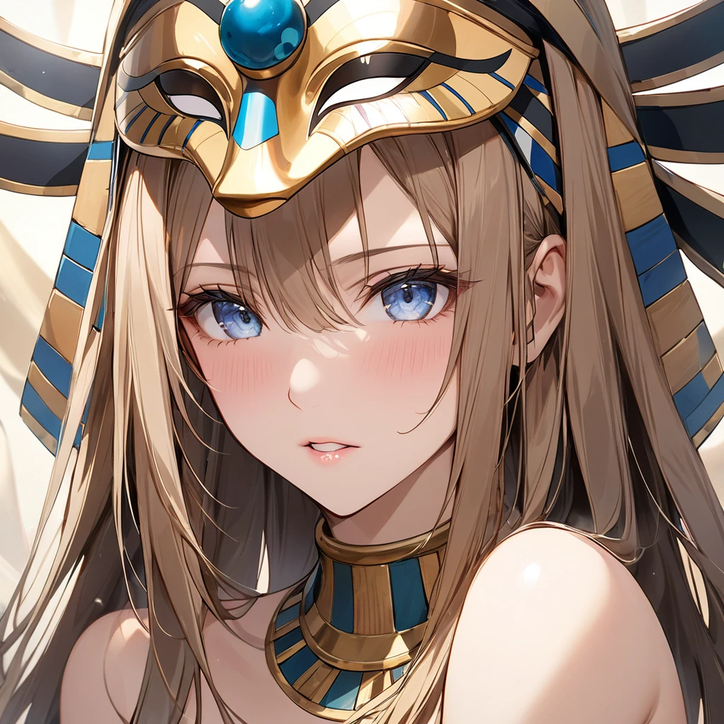 ((Highest quality)), ((masterpiece)), (detailed), （Perfect Face）、The woman with the face of the ancient Egyptian Tutankhamun mask is Yuuki Asuna, with light brown, medium-long hair and a magnificent Tutankhamun face, wearing a Tutankhamun hat, making her face completely resemble Tutankhamun&#39;s mask.、The woman is dressed as Tutankhamun of ancient Egypt.、A woman sits on an ancient Egyptian throne and reigns with the golden face of Tutankhamun