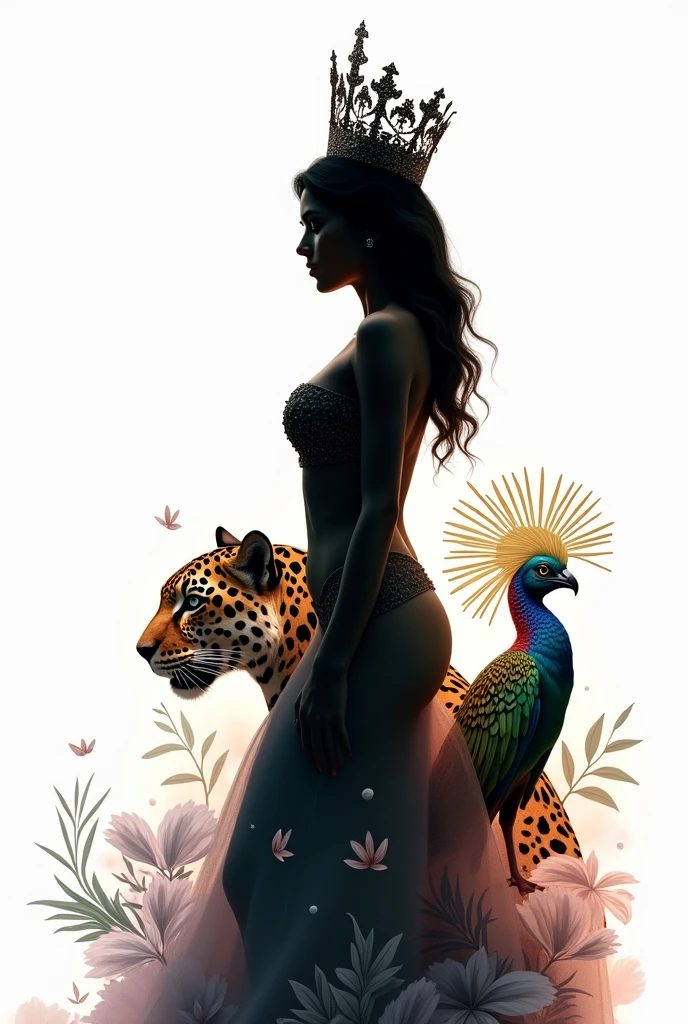 Silhouette of a beauty queen on a white background decorated with a jaguar and the quetzal bird from Guatemala