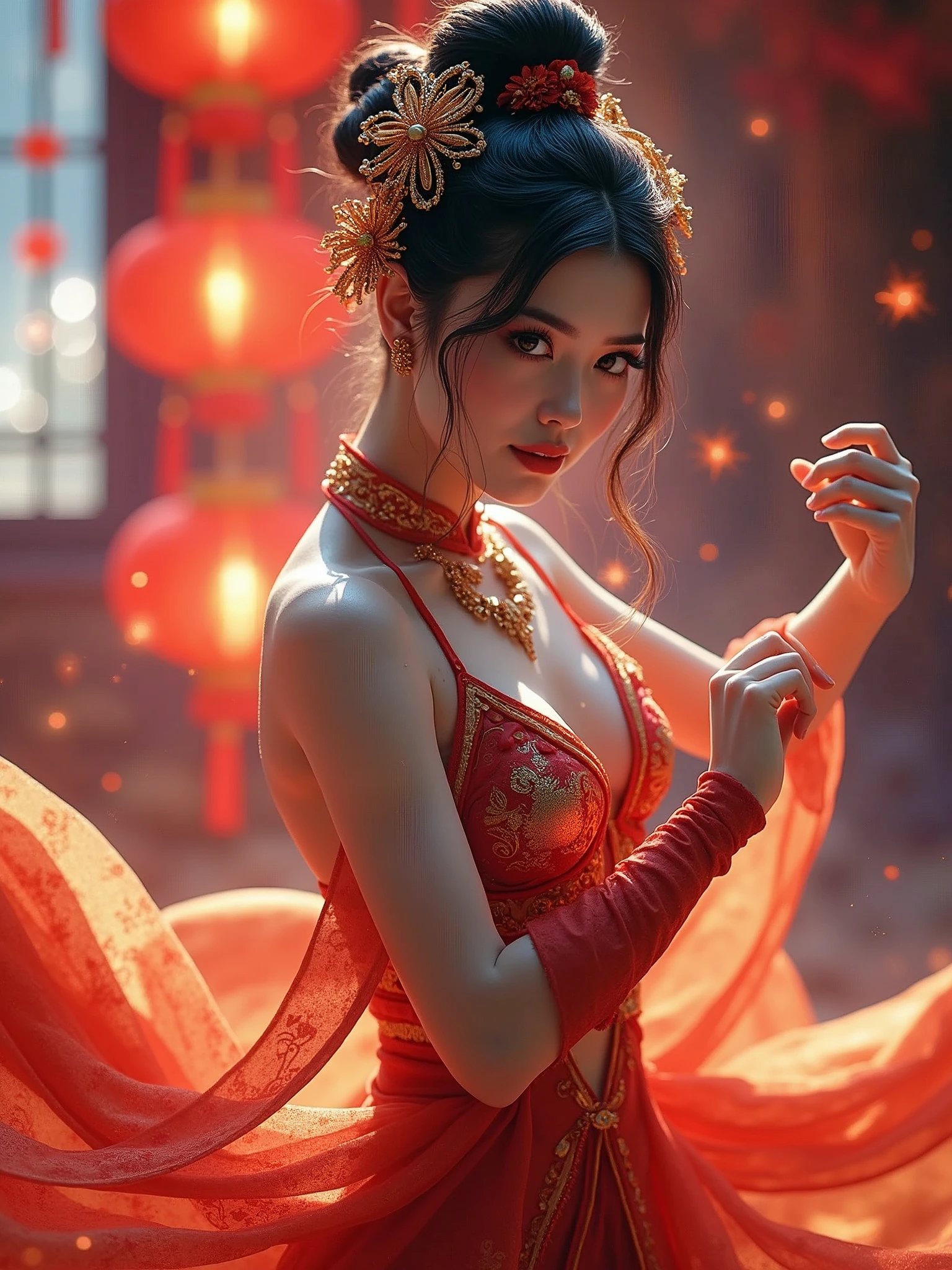 a martial arts fighter in a colorful outfit, wearing a fancy dress, dancing at a , elegant movement, beautiful detailed eyes, beautiful detailed lips, extremely detailed face, long eyelashes, detailed jewelry, glowing skin, intricate decorations, festive lighting, (best quality,4k,8k,highres,masterpiece:1.2),ultra-detailed,(realistic,photorealistic,photo-realistic:1.37),vibrant colors,dynamic pose,dramatic lighting,portrait