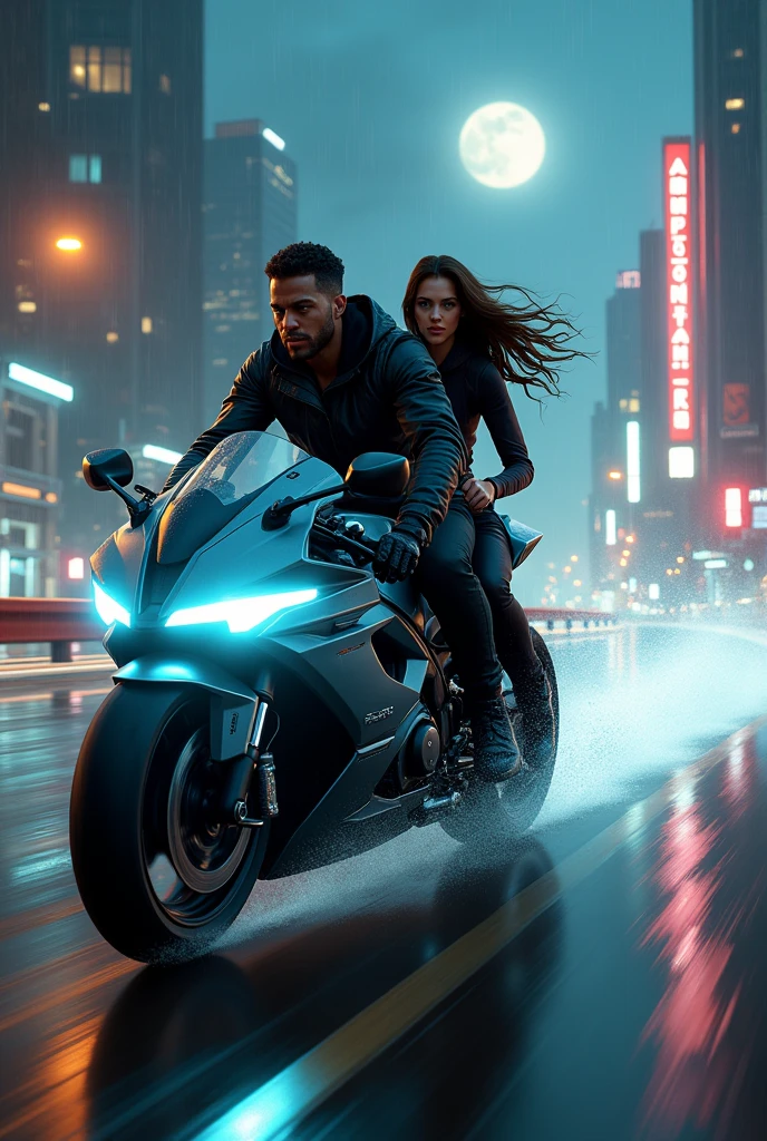 Create a image a man riding the with a girl hair is flowing on air on futuristic bike riding at night time under the rainl in America roads