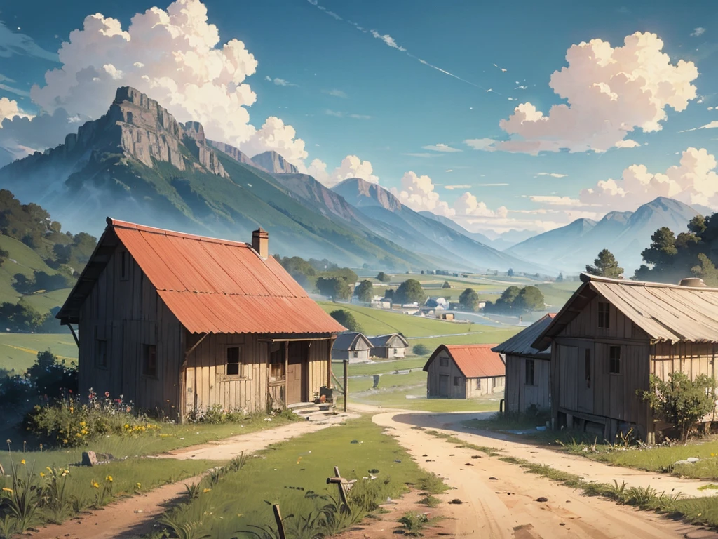 masterpiece of illustration drawing, a dirt path leads from a field of tall corn to a red-roofed farmhouse in the mountains, fresh cloudy sky.