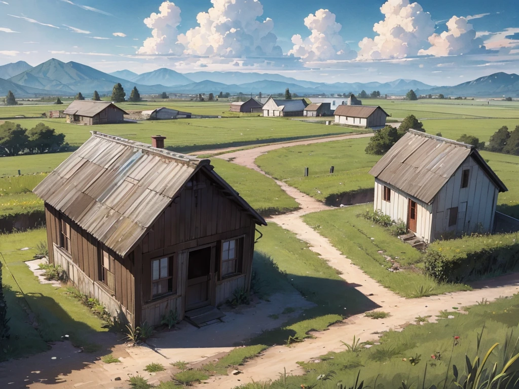 masterpiece of illustration drawing, a dirt path leads from a field of tall corn to a red-roofed farmhouse in the mountains, fresh cloudy sky.