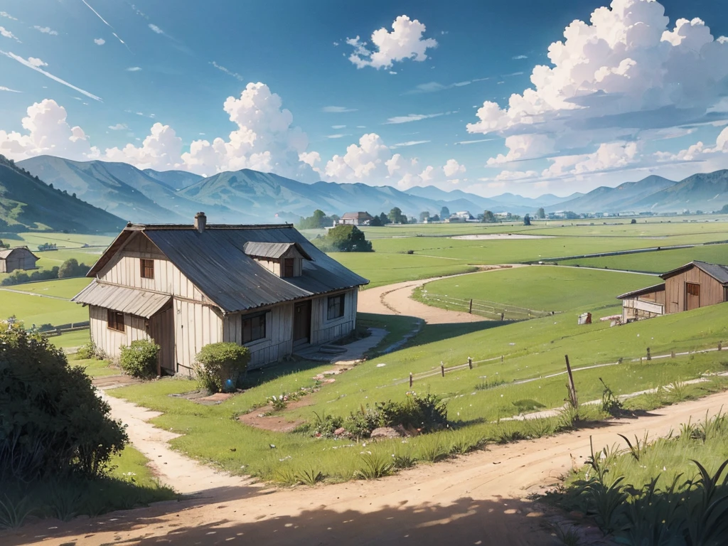 masterpiece of illustration drawing, a dirt path leads from a field of tall corn to a red-roofed farmhouse in the mountains, fresh cloudy sky.