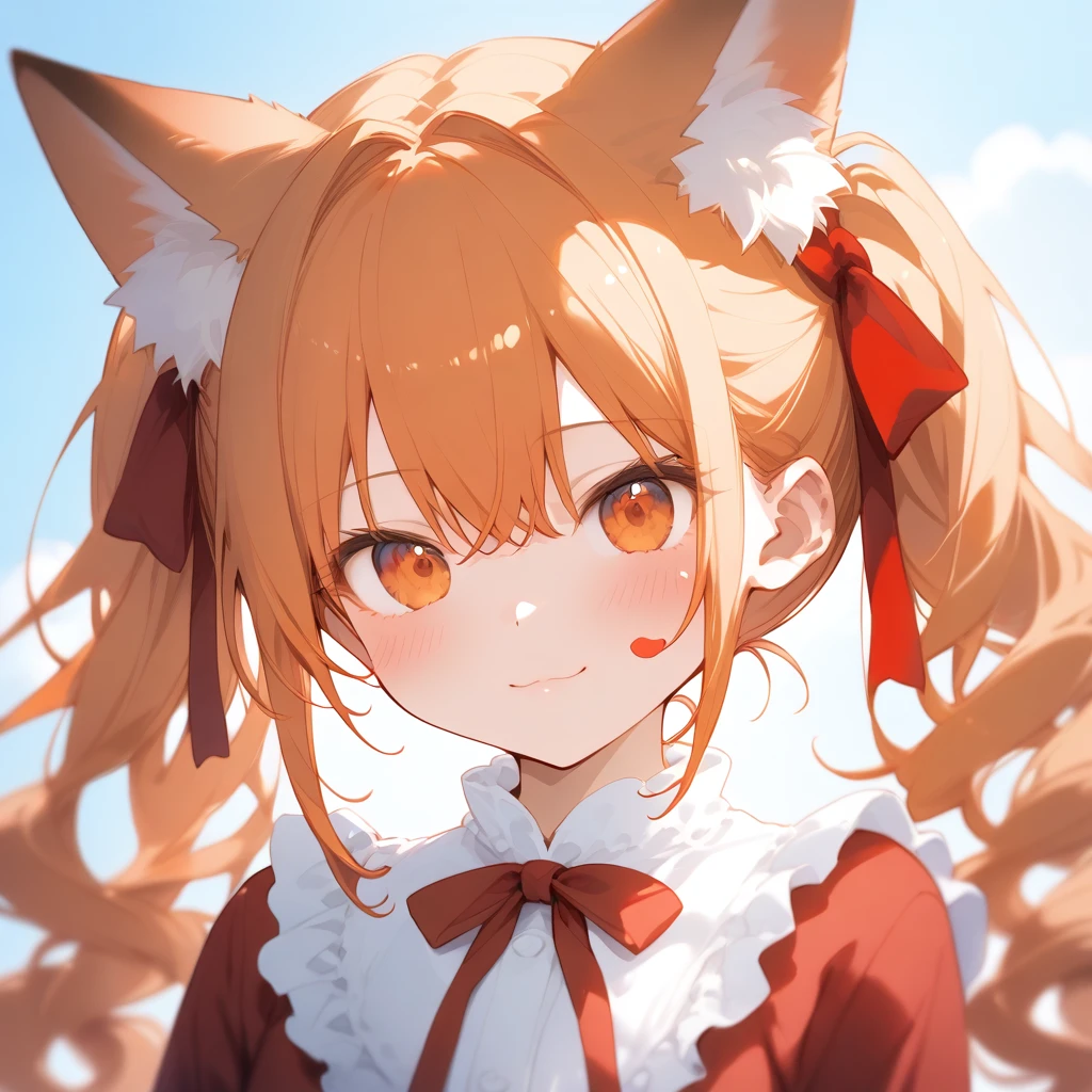 score_9, score_8_superior, One girl, (((Red cheeks)))、Moist eyes、Animal ears, superior目遣い、alone, Twin tails, Animal earsの毛, 視聴者を見superiorげる, Outdoor, upper body, Fox Ears, Orange Hair, Blurred background, Blurred, Lips parted, blush, Orange eyes, ribbon, shirt, neck ribbon, Depth of written boundary, Fox Girl, clavicle, Day, red shirt, Frills、superior気している、Shy face、superior目遣い