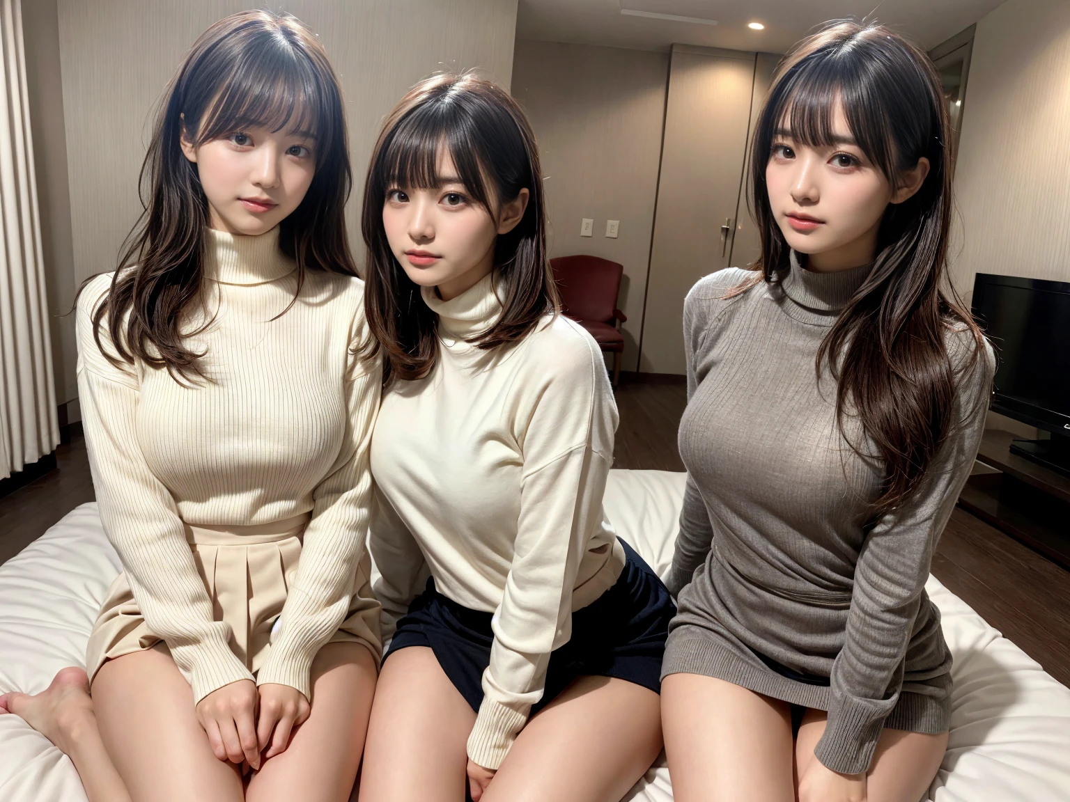 masterpiece, best quality, illustration, Super detailed, fine details, High resolution, 8K,wall paper, perfect dynamic composition,(Details High quality, realistic depiction of eyes:1.3), (2 girls), updo), white turtleneck sweater, pleated skirt, sitting, open legs, short bob hair, in a hotel room in the background, deep on field, large breasts, black hair color, Big Natural Color Lip, (perfect body shape), crying a little、Harajuku style、20 year old girl、cute type、beautiful legs, Gravure Idol