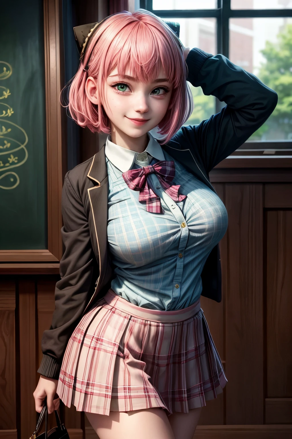 (masterpiece, best quality:1.2), high resolution, intricate details, extremely detailed, realistic and sharp details, (full body), solo, 1girl, a 16 yo woman, Anya Forger, anya_forger_spyxfamily, pink hair, short bob hair, (hairpods), green eyes, (white collared shirt, bowtie, plaid pleated miniskirt, school uniform:1.2), (huge breasts), smile, cute face, pretty face, beautiful detailed eyes, pale skin, photo background, indoors, eden academy school,