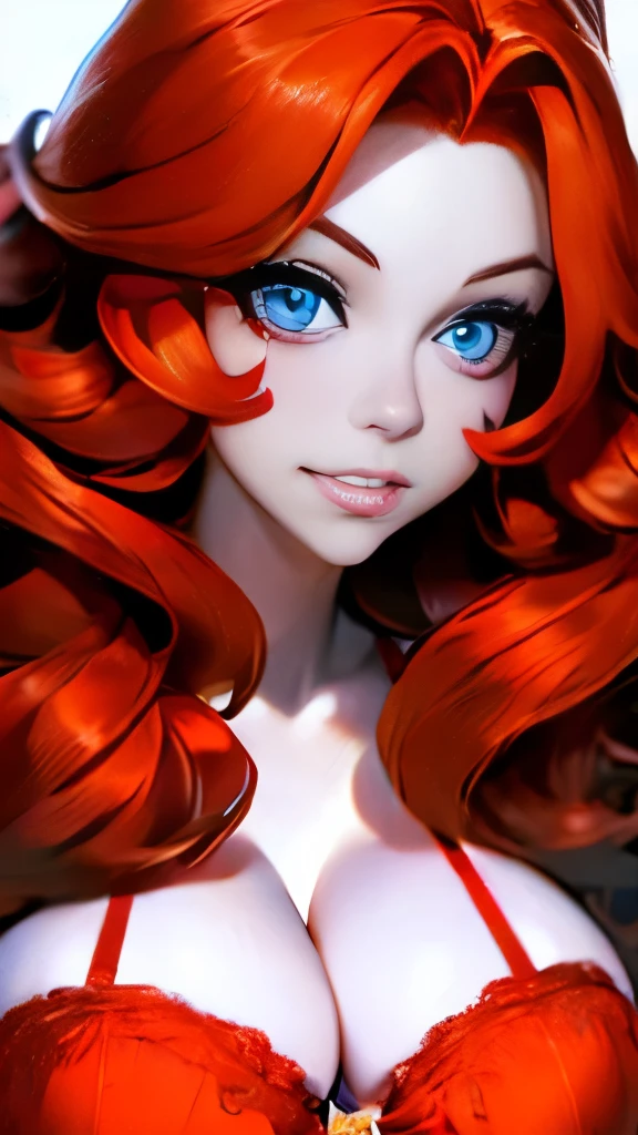 a close up of a woman with red hair and a bra top, amouranth, better known as amouranth, amouranth as a super villain, young beautiful amouranth, ginger wavy hair, long wavy orange hair, orange glowing hair, orange skin and long fiery hair, flowing ginger hair, orange hair, long orange hair, ginger hair
