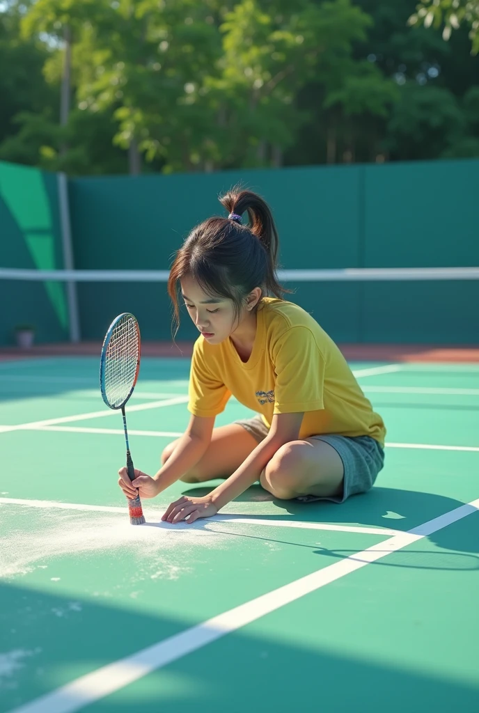 An Artist girl, painting badminton court lines only white paint, overview of badminton court.