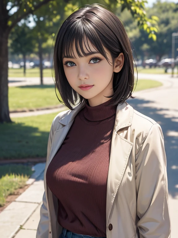 T-Shirts, coat, , (Realistic:1.4), (Highest quality:1.0), (Ultra-high resolution:1.0), 8k, RAW Photos, (masterpiece:0.2), , Did G, One girl, Detailed skin, View your viewers, Brown eyes, (Short hair with bangs:1.2), (Large Breasts:1.0), (Large areola:0.8), , (Pure Eros Face_v1:0.5)