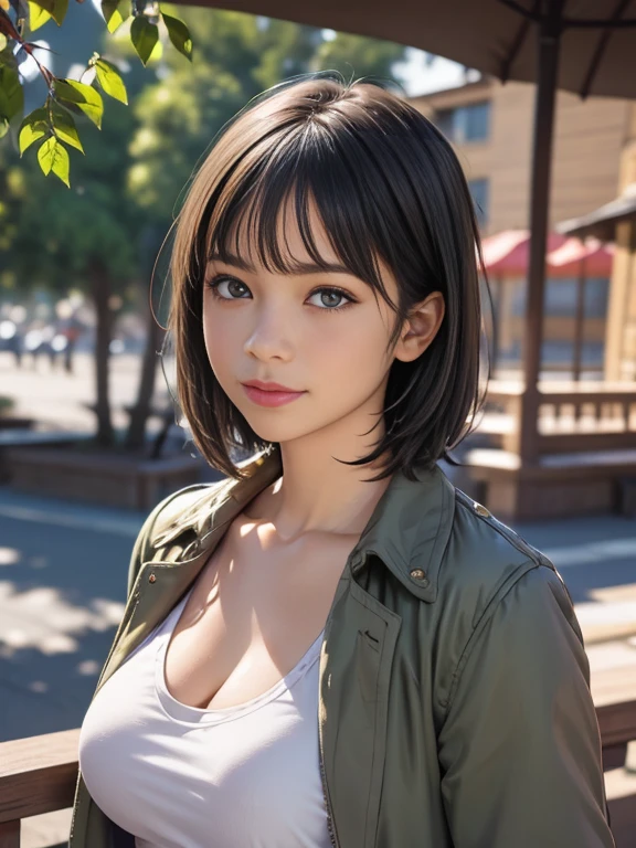 T-Shirts, coat, , (Realistic:1.4), (Highest quality:1.0), (Ultra-high resolution:1.0), 8k, RAW Photos, (masterpiece:0.2), , Did G, One girl, Detailed skin, View your viewers, Brown eyes, (Short hair with bangs:1.2), (Large Breasts:1.0), (Large areola:0.8), , (Pure Eros Face_v1:0.5)