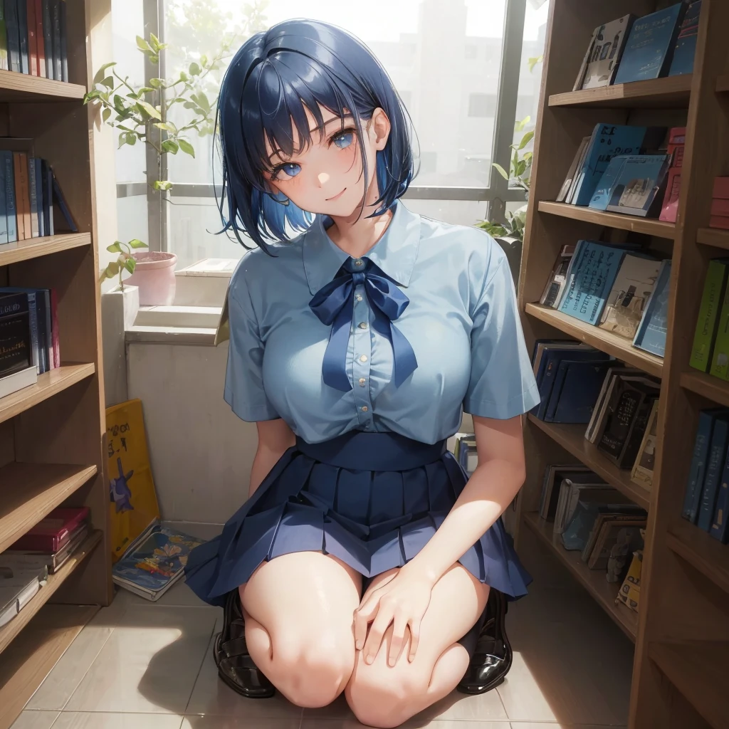1. High school girl female Bobcut dark blue hair color High School Uniform Light blue Y-shirt Short sleeve Blue Ribbon dark blue hair color Slim figure Large Breasts Fulportrait School library Smiling Kindly Laugh a little library Hand Signs squat Kneel Look up here