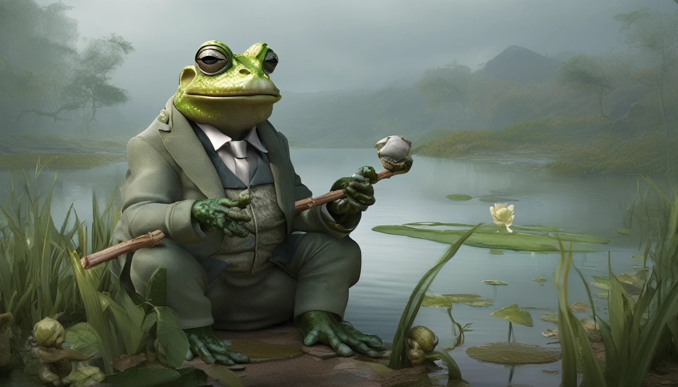 [ (Character Art：artgerm:1.0) Claude Monet::18], Professional, water, tired (Transparent harvest bunch!:1.2) , a frog dressed in a green suit holding a stick, samurai frog, frog philosopher the thinker, highly detailed frog, colored zbrush render, frog, Stylized as a 3D rendering, Ultra-detailed fantasy characters, Stylized 3D rendering, Painting with ZBrush, frog, big frog, クローズアップCharacter Art