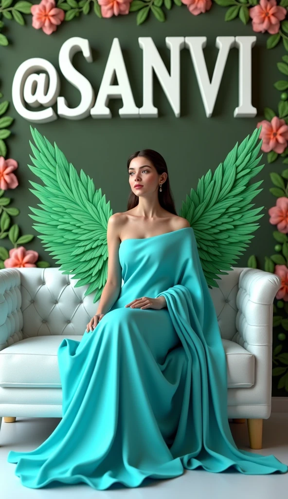 Create 3D picture of a beautiful  girl sitting on the white sofa set chair, the baby is wearing a neon blue saree, background wall decorate in flower and leaves and written on capital Big font white colour "@SANVI" and wing are green colour look like angel