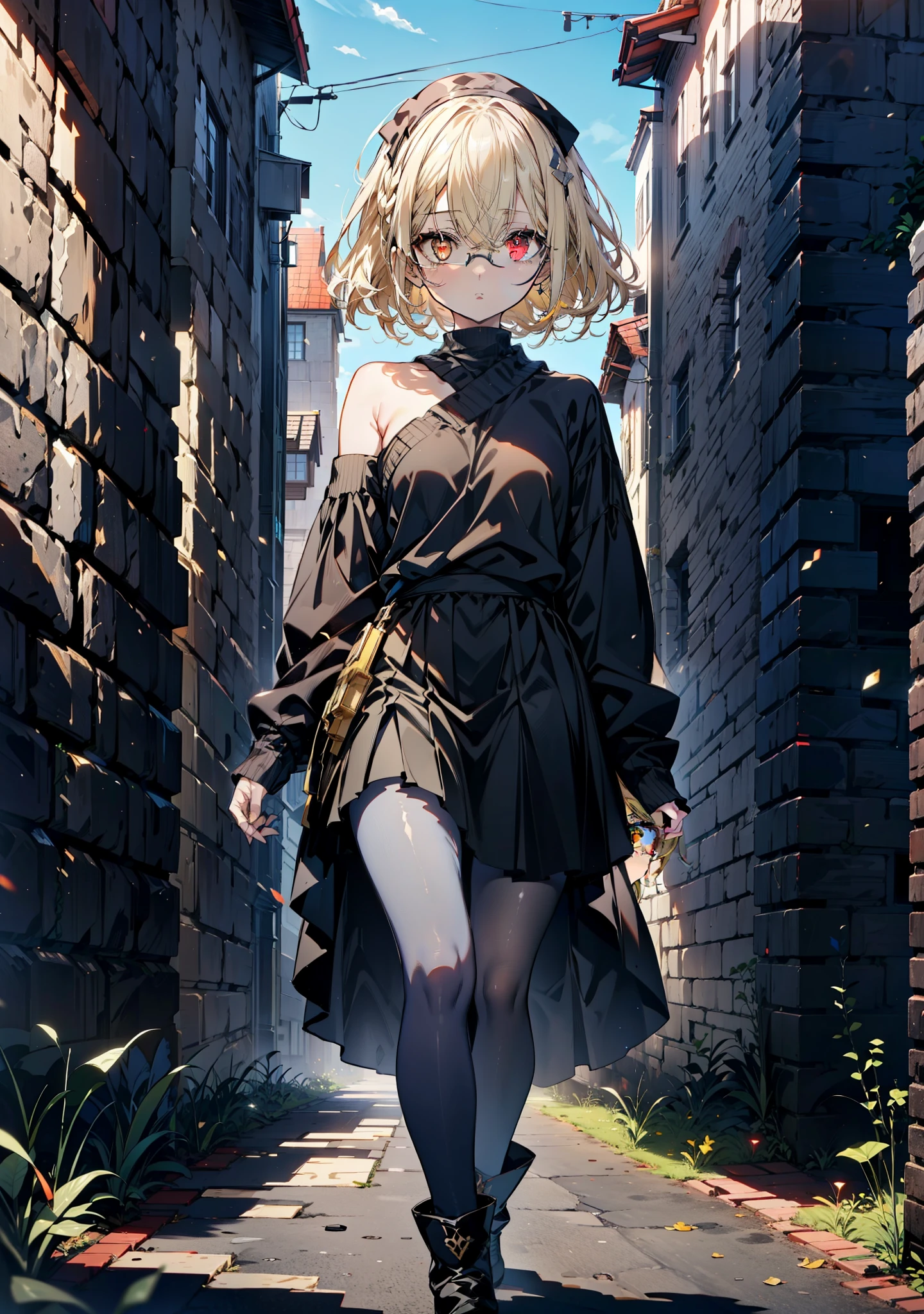 アイスWallenstein, Wallenstein, blonde, Hair between the eyes, hair band, Long thick braids,Glasses, (Yellow Eyes:1.5),One-shoulder sweater,Long skirt,Black pantyhose short boots,Walking,Daytime,Clear skies,whole bodyがイラストに入るように,　　　　　　　　　　　　　　　　　　break looking at viewer, whole body,　　　　　　　　　　　break outdoors,Building district,　　　　　　　　　　　　break (masterpiece:1.2), Highest quality, High resolution, unity 8k wallpaper, (shape:0.8), (Beautiful and beautiful eyes:1.6), Highly detailed face, Perfect lighting, Extremely detailed CG, (Perfect hands, Perfect Anatomy),