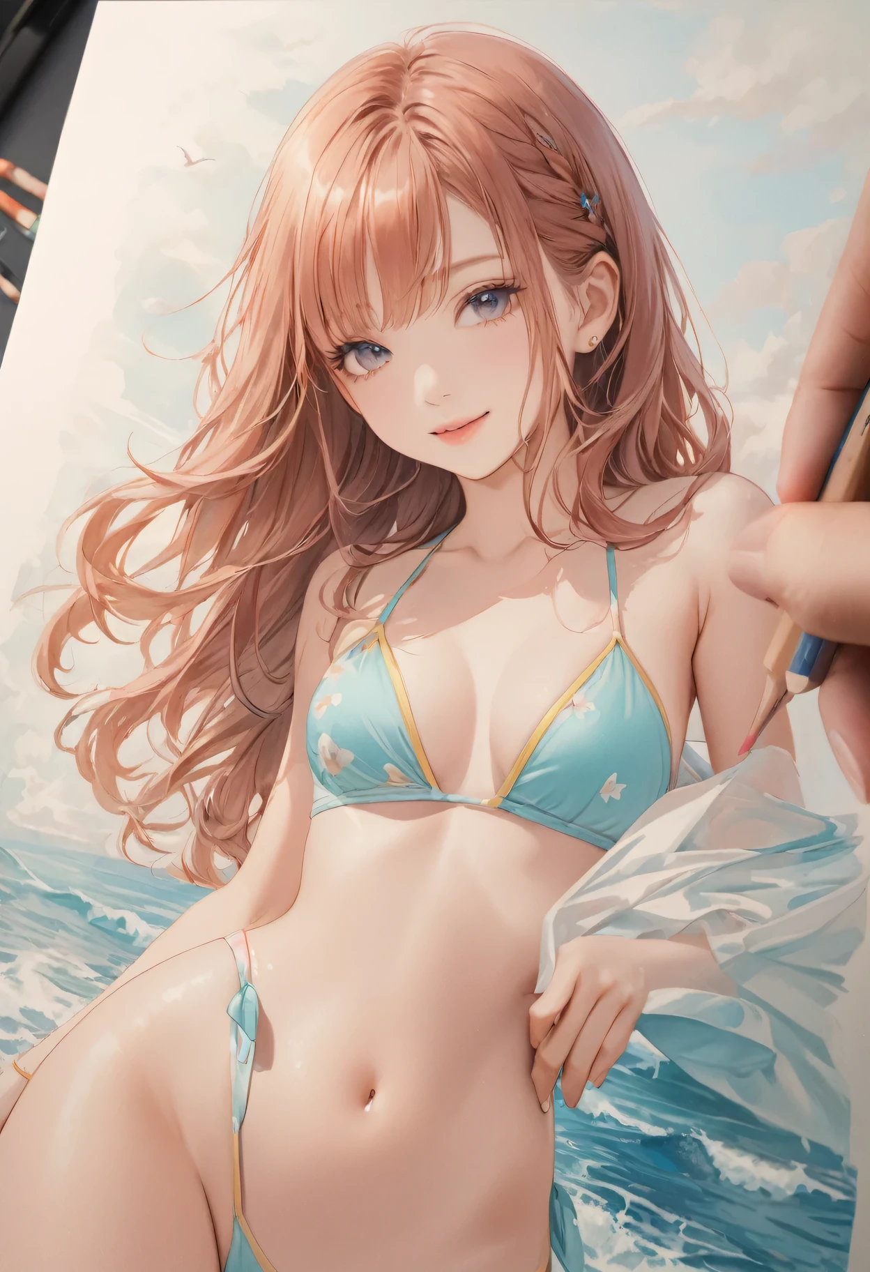  Beautiful girl，Summer sea theme，art，advertisement，Colored pencil drawing，draft 、Cute swimwear,　Beautiful Face、Shortcuts、Smile、Masterpiece、Ultra high definition、