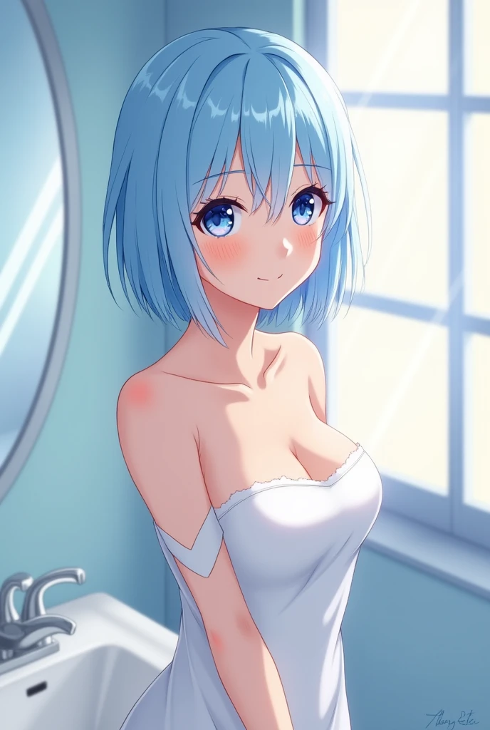 Light blue hair, light blue eyes, woman, smooth, short bob, naked, Japanese, big breasts, anime style, smile, bathroom