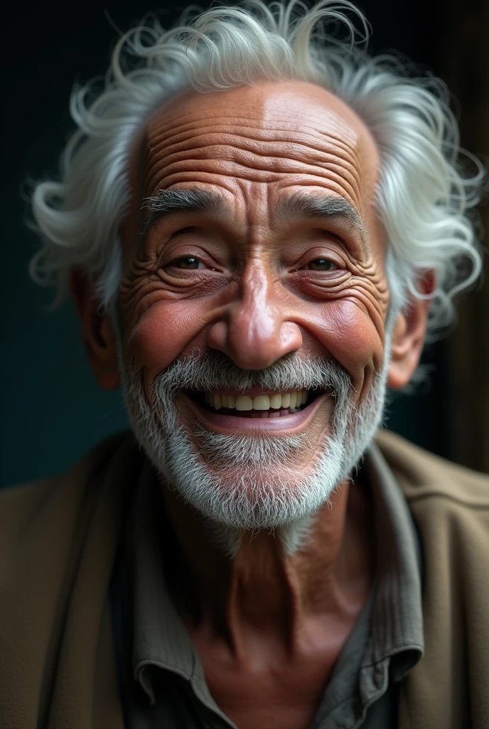 A brown skinned old man smiling with one front teeth off and he is crying