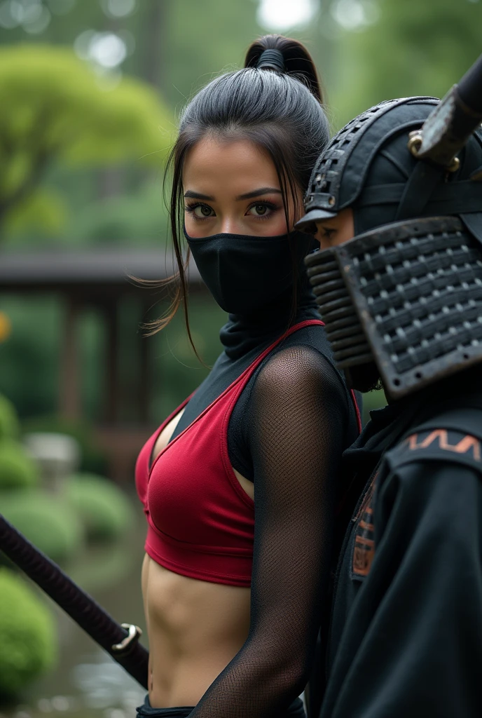 In the Japanese garden、Close-up of a female ninja being pinned down by a samurai。The woman&#39;s outfit is made of black mesh fabric.。Red sports bra。Her hair is long and tied back.。The mouth is covered with a cloth。Big eyes staring straight at me(photography)（professional lighting）retina, anatomically correct, ccurate, textured skin, super detail, high quality, high details, award winning, best quality, highres, 1080P, HD, 4K, 8k