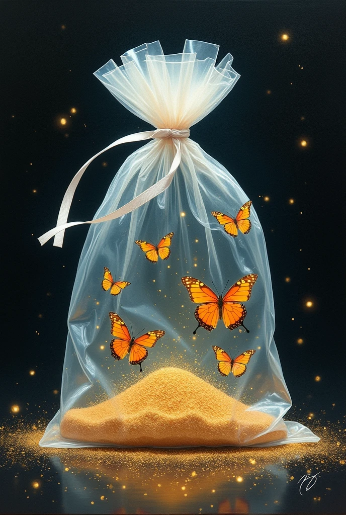 oil painting, a very transparent bag with crystal material, a white ribbon ties the bag, 6 small colorful butterflies flying inside the bag, a few golden sands in the bag, black background, fantasy, glittering particles around the bag, magical atmosphere, detailed texture, low purity tone, Monet style