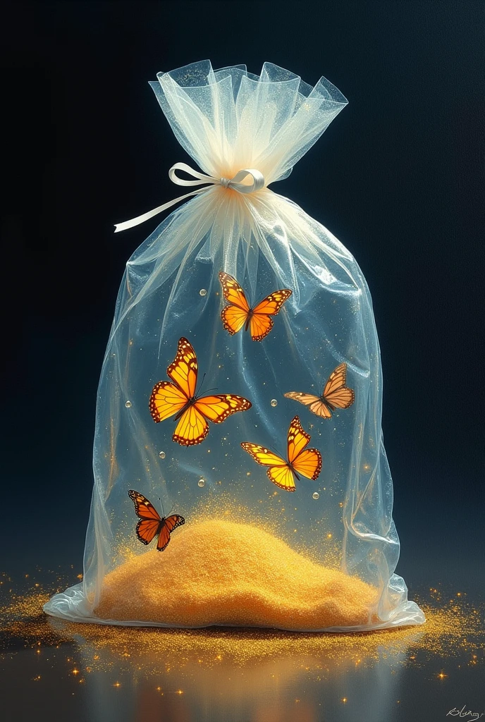 oil painting, a very transparent bag with crystal material, a white ribbon ties the bag, 6 small colorful butterflies flying inside the bag, a few golden sands in the bag, black background, fantasy, glittering particles around the bag, magical atmosphere, detailed texture, low purity tone, Monet style