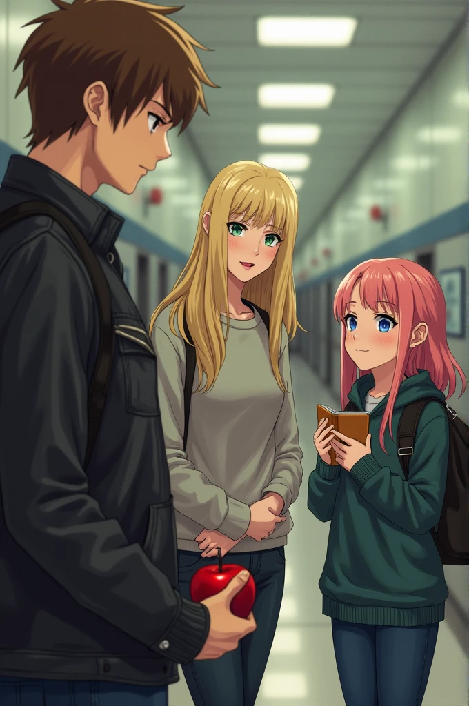 a blonde woman, Young and beautiful, Blue-eyed, straight hair, long, In front of her a man with brown hair and one blue eye and the other green is watching her with an apple in his hands, The woman is carrying a closed book. The two are in the hallways of a high school, The man is wearing black clothes and a leather jacket.. Next to them a 6--old l with pink hair smiles as she introduces them, realist 
