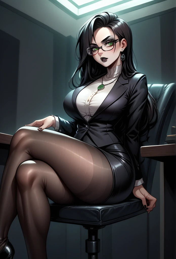 score_9, score_8_up, score_7_up, from the author: Wyla
anthropomorphic furry tigress female, brown long hair, green eyes, black makeup, short black pencil skirt, glasses, black classic blazer, nylon tights, black high-heeled shoes, open neckline, necklace, Gothic, goth, corporate goth, big breasts, slim figure, big hips, Close-up, sitting on a work chair, legs crossed, indoors, in a dark room, mysticism