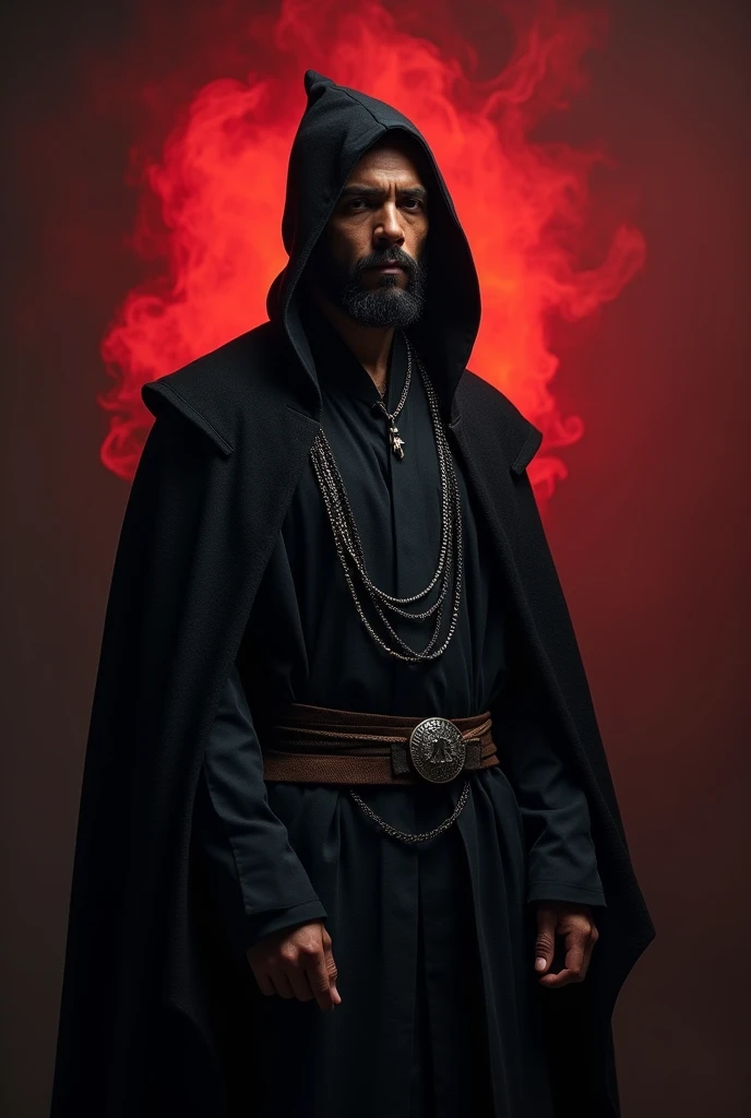 A man, wear a black hodi, has a reddish black aura and is sturdy