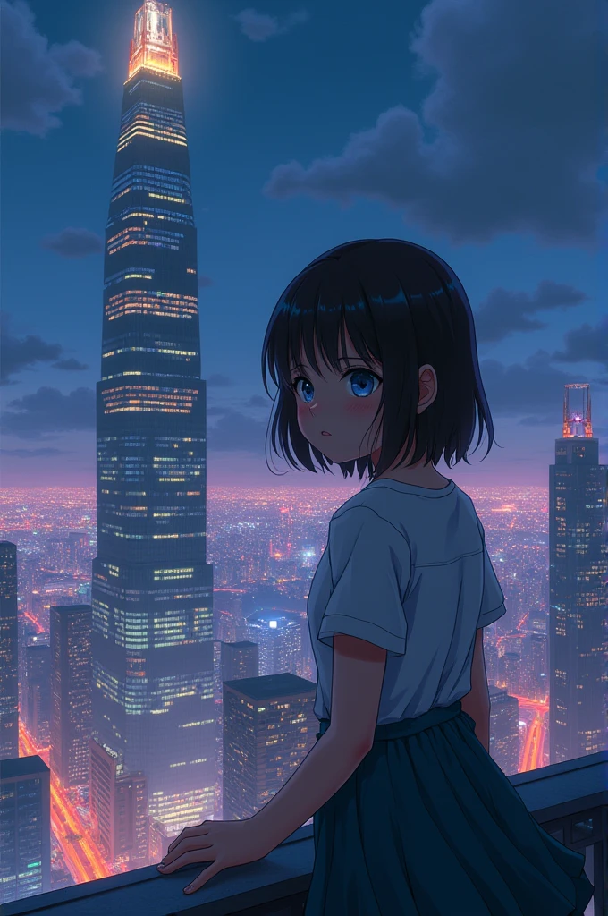 A young girl is sitting on the edge of a skyscraper and preparing to jump down, committing suicide, everything should be in the anime style