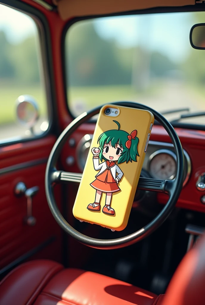 Make image that a anime costum phone case kept on a minu cooper
