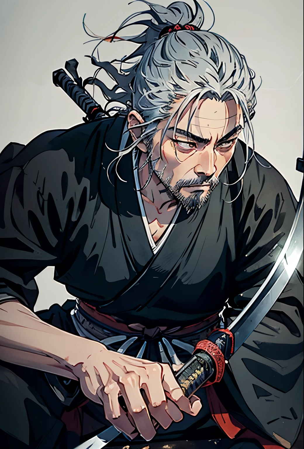 white background, Ink Painting, Holding a bow and arrow, Gray Hair,Alafed image of a man with a sword in his hand, samurai portrait,  miyamoto musashi, ancient Japanese Samurai, samurai portrait, Japanese Samurai, Inspired by Wu Daozi, Samurai Style, Samurai Man Wanderer, Traditional Japanese concept art, Works inspired by Kano Hogai,Sitting on the still water,Spiegel stops water,historic,