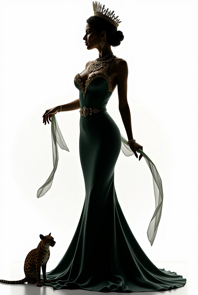 Silhouette of beauty queen on a white background decorated with jaguar and green bird, national symbol of Guatemala