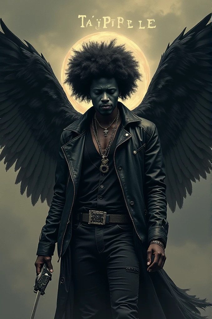 An afro male in rockstar outfits sad mask on with huge wings in the dark sky, the word Tj Purple boldly written on the background in horror text with musical symbols