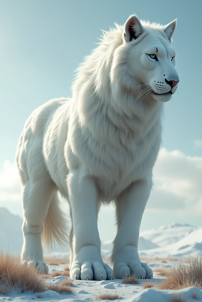 A Big cat with white haired body with horse like big structure